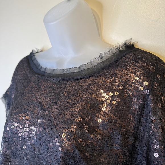Joie | Addison Caviar Sequin Mesh Lace Cap Sleeves Cropped Fit Glam Boxy Blouse - Picture 5 of 15